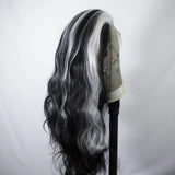 Yeknu  Black with White Highlight Wig Long Wavy Synthetic Lace Front Wigs for Women 13X4 Body Wave Frontal Streak Colored Party Wigs