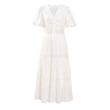 Yeknu  Jastie Spring Summer Vacation Beach Dress French Retro Embroidery Lace Maxi Dress Female V-neck Puff Sleeve Women Vestidos