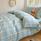 Yeknu  100% Pure Cotton Grid Pattern Bedding Set Skin Friendly Bedsheet Duvet Cover 2 Pillowcases Double Bedclothes for Home Dormitory