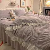 Yeknu  Pink Ruffled Seersucker Duvet Cover Set 3/4pcs Soft Lightweight Down Alternative Grey Bedding  with Bed Skirt and Pillowcases