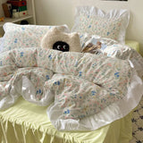 Yeknu  Korean Princess Style Lace Bedding Sets Washed Cotton Soft Fitted Sheet Duvet Cover Pillowcase Full Double Size Bedclothes