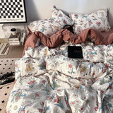 Yeknu Korean Style Ins Retro Fresh Floral Washed Cotton Bed Four Piece Duvet Set, Student Dormitory Bed Sheet Three Piece Set