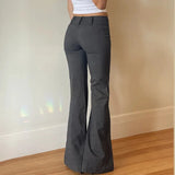 Yeknu  Grey Low Waisted Flared Pants Female Y2K High Street Retro Wide Leg Trousers Fashion Slim Pocket Office Lady Suit Pants