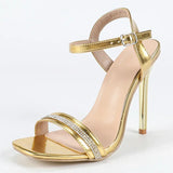 Yeknu  Sexy Diamonds Square Toe Women Sandals Fashion Golden Thin High Heels Buckle Strap Banquet Party Female Shoes
