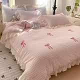 Yeknu  Spring and summer new Korean lace bow four-piece princess style lace washed cotton girl heart pink