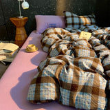 Yeknu High Quality Beauty Bedding Set Plaid Duvet Cover Bed Sheet Set With Pillowcases Adult Dormitory Queen Size Winter Home Decor
