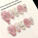 Yeknu  10Pcs Handmade Y2K Press On Nails Pink Almond Fake Nails with Metallic Silver Line & Rhinestone Decor Removable Nail Tip