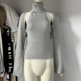 Yeknu  Knit Tank Top Sets For Women Fashion High Neck Vest And Long Sleeve Shawl 2 Piece Suits Sexy Backless Knitwear Top Femme