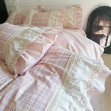 Yeknu Vintage French Plaid Lace Ruffles 100% Cotton Bedding Set Duvet Cover Set Bed Sheet/Bed Skirt/Fitted Sheet Pillowcases 4Pcs