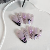 Yeknu  10PCS hand pressed almond shaped nails, beautiful fake nails, elegant light purple nail art, personalized bow, suitable for wome