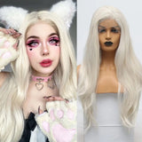 Yeknu  Long Platinum Blonde Natural Wavy Synthetic Hair Free Part Layered White Blonde Curly Heat Resistant Fiber Wigs for Women Daily