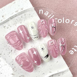 Yeknu  10Pcs Handmade Y2K Press On Nails Pink Almond Fake Nails with Metallic Silver Line & Rhinestone Decor Removable Nail Tip
