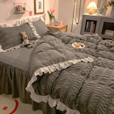 Yeknu  Pink Ruffled Seersucker Duvet Cover Set 3/4pcs Soft Lightweight Down Alternative Grey Bedding  with Bed Skirt and Pillowcases