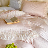 Yeknu Vintage Jacquard Lace Ruffles Wedding Bedding Set Lyocell Cotton Soft Silky Duvet Cover Set Bed Sheet Fitted Sheet Pillowcases
