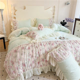 Yeknu  Flowers Lace Ruffles Princess Wedding Bedding Set Full Queen King Duvet Cover Bed Skirt/Bed Sheet/Fitted Sheet Pillowcases 4Pcs