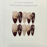 Yeknu  10pcs Cat Eye Press on Nails Carved Flower False Nails Glitter Rhinestone Pearl Acrylic Nail Art French Almond Gentle Fake Nails