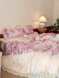Yeknu  Vintage French Oil Painting Aesthetic 100% Long-staple Cotton Bedding Set – Princess Cotton Soft Sheets with Organza Lace Trim