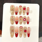 Yeknu  10Pcs Glitter Gold Sequins False Nails with Red Edge French Handmade Press on Nails Shiny Rhinestone Decor Fake Nails For Women