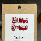 Yeknu  10pcs Christmas New Year Coffin Press on Nails Handmade White Snowflake Nail Red 3D Bowknot False Nails Pearl French Fake Nails