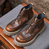 Yeknu - Retro Brown Brogue High Quality Cowhide Men's Shoes Leather Ankle Boots Ankle Boots Riding Boots Boots Lined Sheepskin