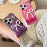 Yeknu  Luxury Furry 3D Bowknot Love Heart Case for iPhone 13 14 15 16 17 Pro Max 17Pro Candy Color Collision Winter Plush Ins Cover
