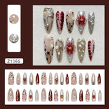 Yeknu  30pcs Nude Red 3D Flower Press On Nails Long Stiletto Fake Nails with Silver Metal Line & Pearl False Nail for Women&Girl