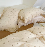Yeknu INS Princess Ruffle Edge Gauze 100% Cotton Pillow Case Breathable Duvet Cover Without Filler 3PCS Floral Home Bedding Set