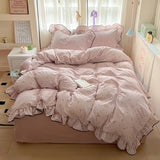 Yeknu  new cream lace girl powder grid Korean version bed four-piece set washed cotton double-layer yarn quilt cover dormitory