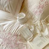 Yeknu  4Pcs Flowers Embroidery Lace Ruffles Princess Wedding Bedding Set Egyptian Cotton Duvet Cover Bed Sheet Pillowcases
