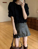 Yeknu  Spring Pullover Long Sleeve Tops Women Loose Pleated Fashion Ladies Cropped Blouses Ruffled Lace Mesh Hollow Woman Tops