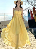 Yeknu  Yellow Backless Suspender Dress Female Summer Bohemian Seaside Holiday Beach Long Dress