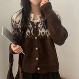 Yeknu  Knitted Autumn Cardigan Women Floral Print Fashion Casual Ladies Cropped Cardigans Korean Style Loose Woman Sweater Coats