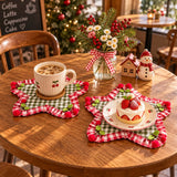 Yeknu  2Pcs,Star Shaped Gingham Drink Coaster,Classic Plaid Ruffle Cup Mat with Cherry Trim,Heat Resistant for Home Kitchen Party Decor
