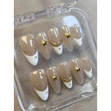 Yeknu  10pcs/Set Long Almond Stiletto French Manicure Faux Nails, Classic Simple Gold Stars Rhinestone Metal Chain With Shine