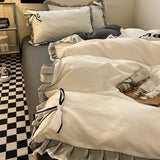 Ins Princess Style Ruffle Trim Duvet Cover Set - Washed Cotton Korean-Style Minimalist Sheet 4-Piece/3-Piece Bedding for Girls