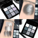 Yeknu  9-shade eyeshadow palette: Black Swan, Smoky, Dark Black, Grey Silver Glitter, Matte Finish, Long-lasting, and easy to color