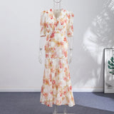 Yeknu  Summer Autumn Vacation Print Long Women's Dress Sexy Deep V-neck Split Short Puff Sleeve Pleated Female Robes Outwear New