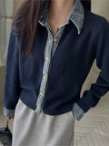 Yeknu  Knitted Autumn Cardigan Women Denim Patchwork Fashion Ladies Cardigans Korean Style Loose Casual Woman Sweater Coats