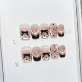 Yeknu  10PCS Handmade Press on Nails Sweet Cute Bow Decor Short Cat Eyes False Nails for Girl Women Wearable Reusable Ins Fake Nails