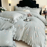 Yeknu  Chic Flowers Embroidery Ruffles Luxury Bedding Set 100% Cotton Duvet Cover Flat/Fitted Bed Sheet Pillowcases 4Pcs