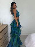 Yeknu Printed Halter Top & Ruffles Half Skirt Set Fashion Crop Pullover And Long Skirts Suit 2024 Spring Summer Holiday Dress Bohe