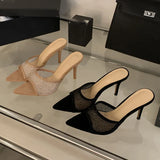 Yeknu  New Summer Pointed Toe Mesh Rhinestone Slippers Woman Elegant Mules Stiletto Heels Sandal Mujer