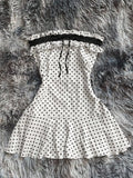 Yeknu  Women Frill Trim Polka Dot Print Contrast Lace Strapless Mini Dress