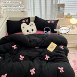 Yeknu  Pink bow Embroidered bedding set black duvet cover and 2pcs pillowcases (no padding), for bedroom