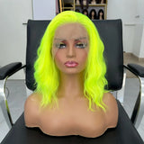 Yeknu  Short Curly Wavy Bob Wigs for Women Synthetic Free Part Shoulder Length Neon Green 13X4 Lace Front Wigs for Party Cosplay