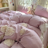 Yeknu  3/4Pcs Korean Style Princess Lace Ruffles Skin-friendly Soft Flowers Embroidery Bedding Set Duvet Cover Bed Sheet Pillowcases