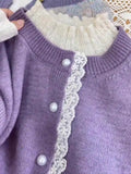 Yeknu  Women Purple Knit Cardigan Luxury Sweater Harajuku Vintage Korean Y2k Lace Patchwork Cashmere Sweater Jumper 2000s Clothes