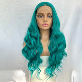 Yeknu  Long Green Body Wave Lace Front Wigs for Women Middle Part Blue Curly Wavy Syntehtic 13X4 Glueless Pre Plucked Cosplay Party Use