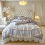 Yeknu 4/6Pcs Pink Butterfly Jacquard Three-layer Lace Ruffles Princess Wedding Bedding Set Duvet Cover Bed Skirt Bedspread Pillowcases