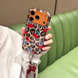 Yeknu  Niche high-end leopard print blue bow cherry chain suitable for 17promax Apple 16 mobile phone case all-inclusive edge